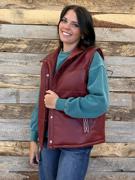 The Quilted Leather Boot Stitch Burgundy Crop Vest