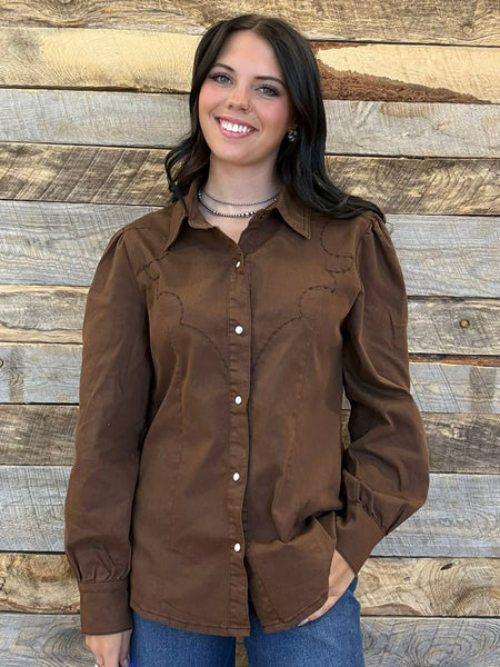 The Embroidered Puff Long Sleeve Brown Top