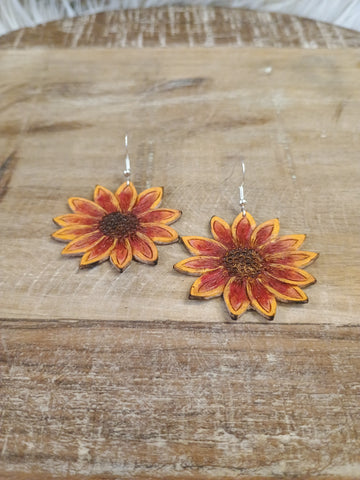 The Large Red Tint Sunflower Leather Earrings