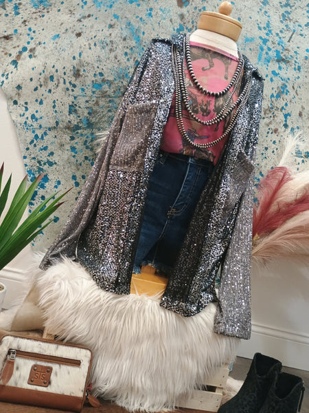 The Sequins and Grey Button Up Top