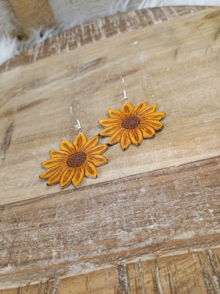 The Large Yellow Sunflower Leather Earrings
