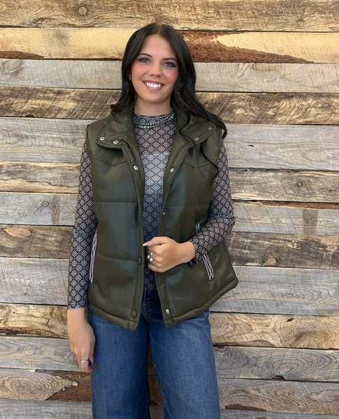 The Quilted Leather Boot Stitch Olive Crop Vest