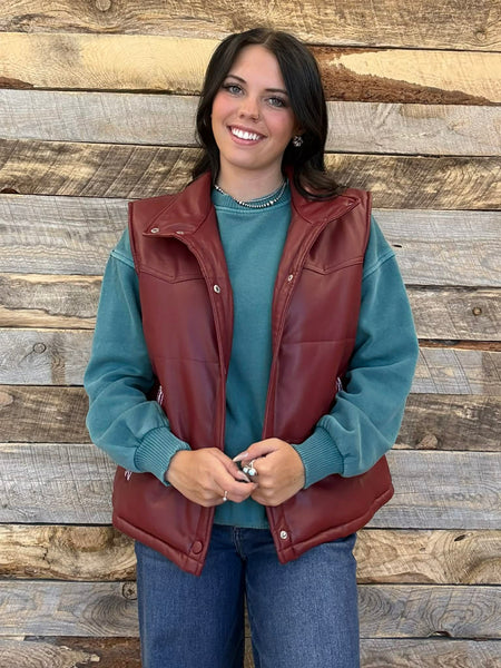 The Quilted Leather Boot Stitch Burgundy Crop Vest