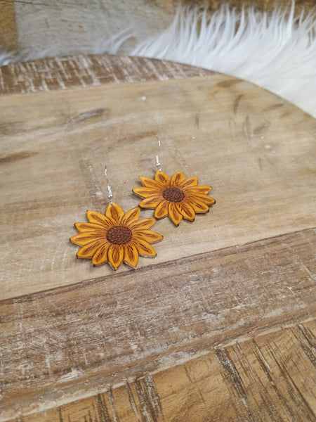 The Large Yellow Sunflower Leather Earrings