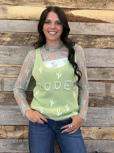 The Rodeo Cactus Embroidered Sage Tank Top