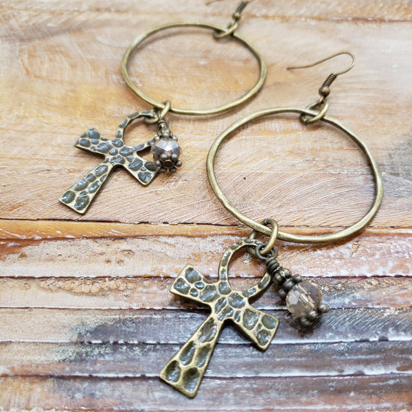 The Cross This Way Brass Earrings