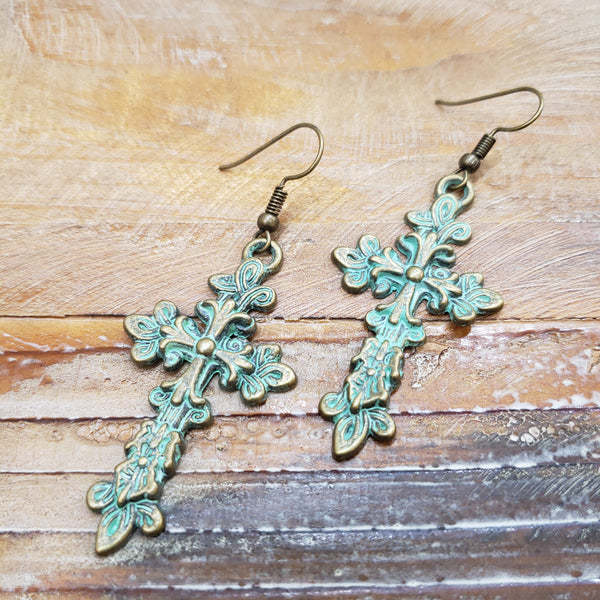 The Rise Again Cross Patina Earrings