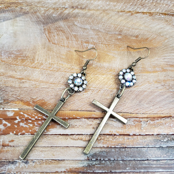 The Crystal and Brass Cross Earrings