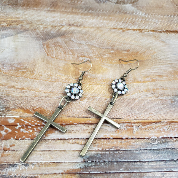 The Crystal and Brass Cross Earrings