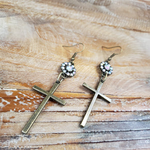 The Crystal and Brass Cross Earrings